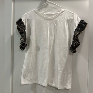 White Ruffled Sleeve Crew Neck T-Shirt